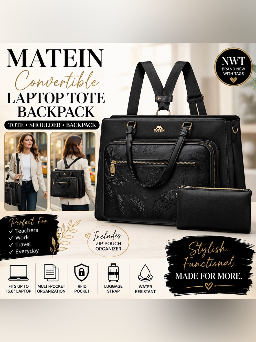 Matein NWT Black Convertible Laptop Tote Backpack Teacher Work Travel Bag RFID
